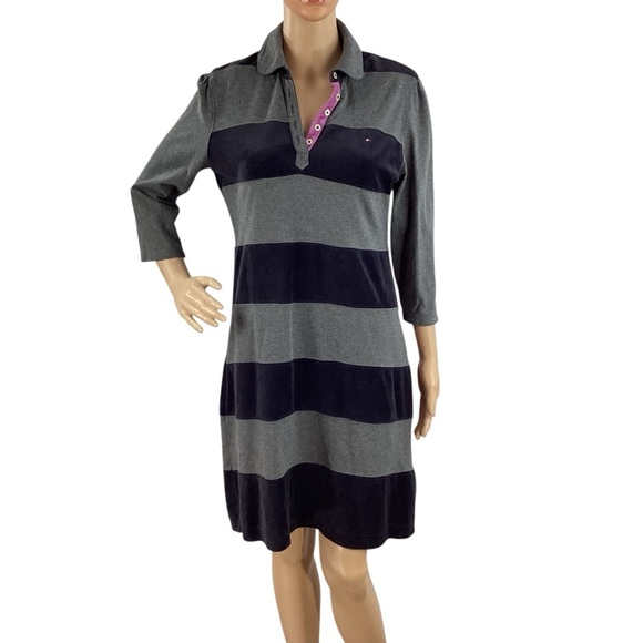 Tommy Hilfiger Striped Rugby Polo Dress Gray Navy Velour Accent Medium - Picture 1 of 7